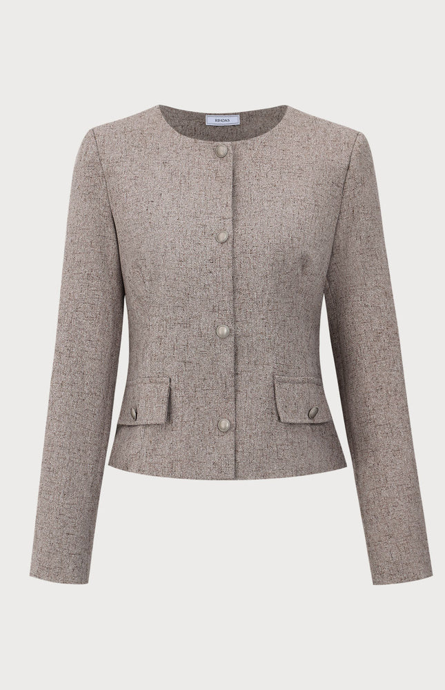 Bej Düz Yaka Tek Düğmeli Ceket