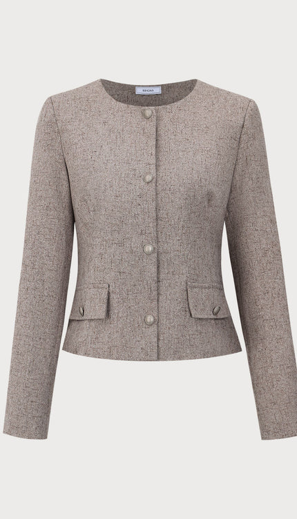 Bej Düz Yaka Tek Düğmeli Ceket