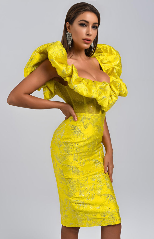 Vespera Jakarlı Sarı Midi Elbise