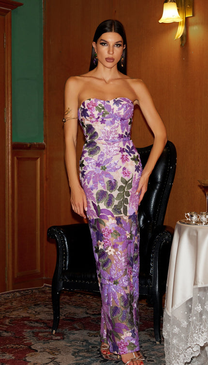 Mor Eugenia Çiçek İşlemeli Straplez Elbise