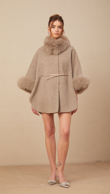 Chloris Yünlü Kürk Kuşaklı Kapüşonlu Kaban