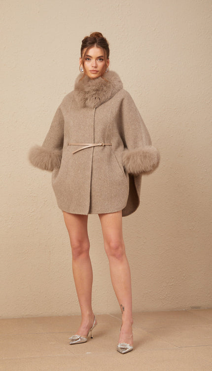 Chloris Yünlü Kürk Kuşaklı Kapüşonlu Kaban