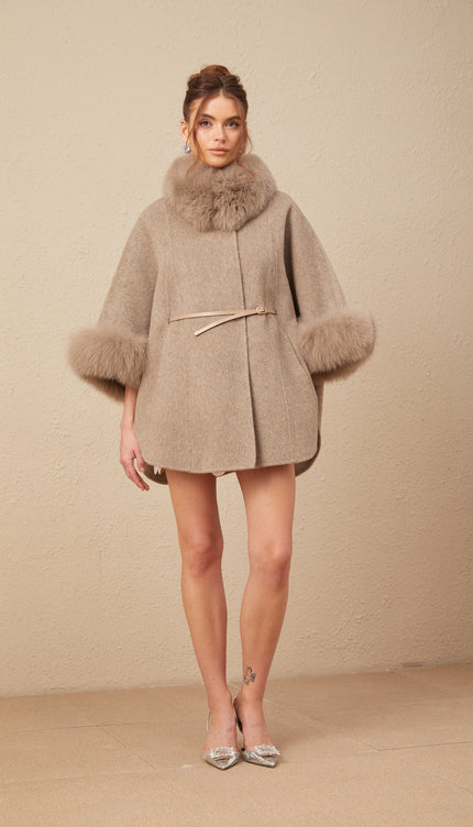 Chloris Yünlü Kürk Kuşaklı Kapüşonlu Kaban