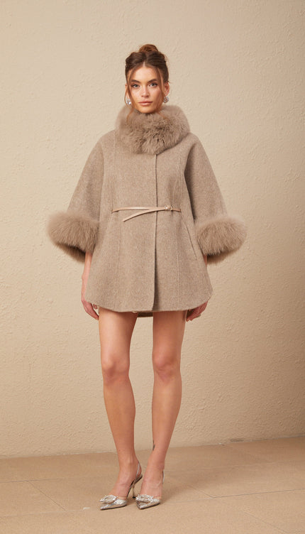 Chloris Yünlü Kürk Kuşaklı Kapüşonlu Kaban