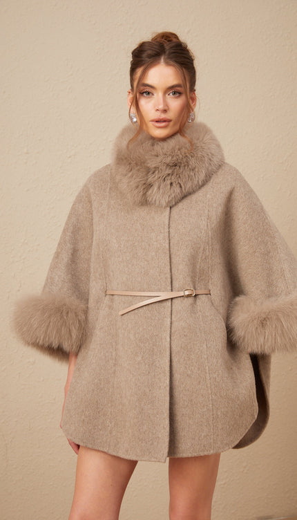 Chloris Yünlü Kürk Kuşaklı Kapüşonlu Kaban