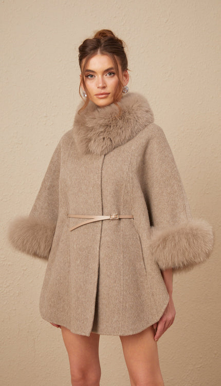 Chloris Yünlü Kürk Kuşaklı Kapüşonlu Kaban