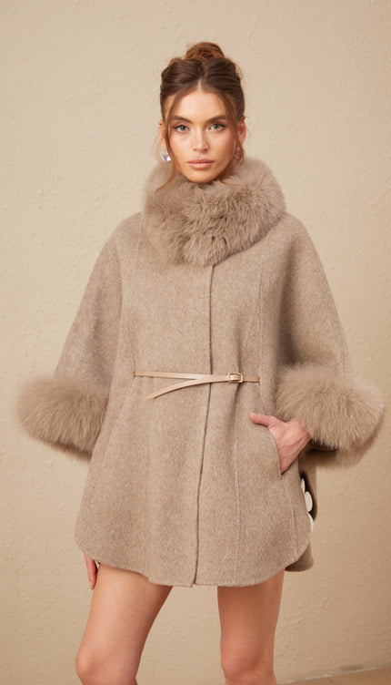 Chloris Yünlü Kürk Kuşaklı Kapüşonlu Kaban