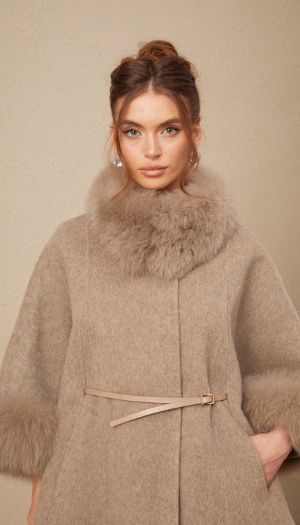 Chloris Yünlü Kürk Kuşaklı Kapüşonlu Kaban