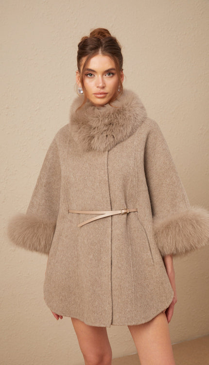 Chloris Yünlü Kürk Kuşaklı Kapüşonlu Kaban