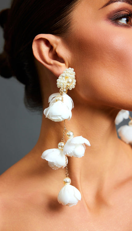 Lita Çiçek ve İnci Püsküllü Uzun Küpeler