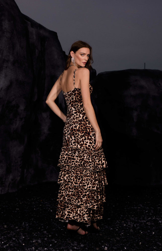 V Yaka Leopar Maxi Elbise
