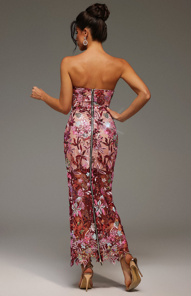 Lilya Omzu Açık İşlemeli Payetli Maksi Elbise