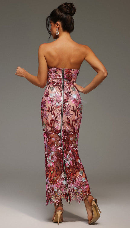 Lilya Omzu Açık İşlemeli Payetli Maksi Elbise