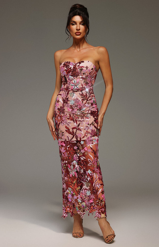 Lilya Omzu Açık İşlemeli Payetli Maksi Elbise