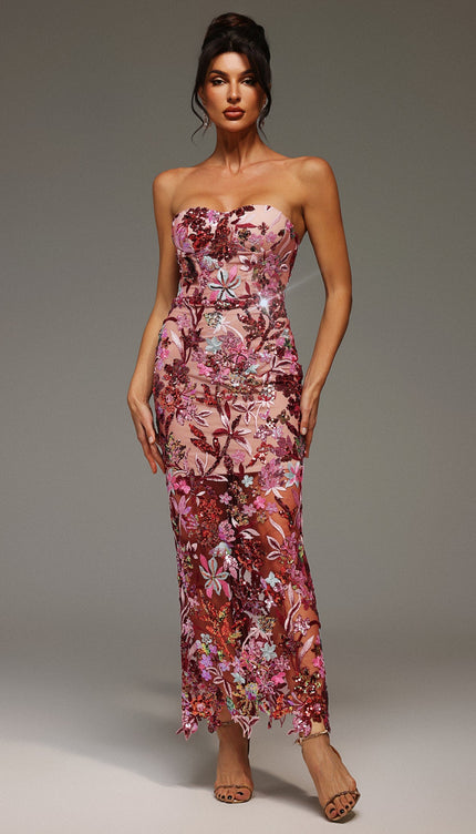 Lilya Omzu Açık İşlemeli Payetli Maksi Elbise