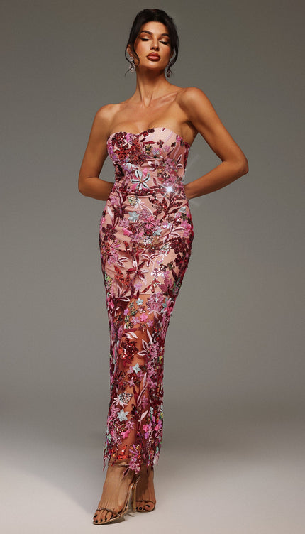 Lilya Omzu Açık İşlemeli Payetli Maksi Elbise