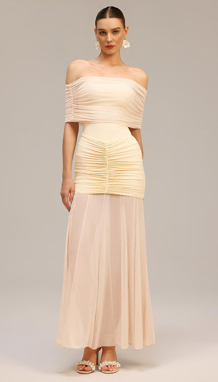 Omuz Açık Pileli Maksi Elbise