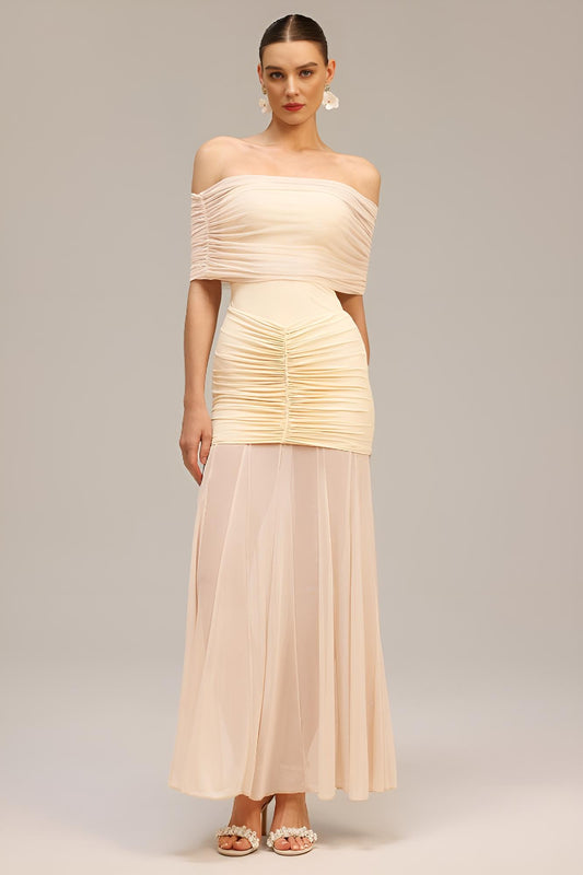 Omuz Açık Pileli Maksi Elbise