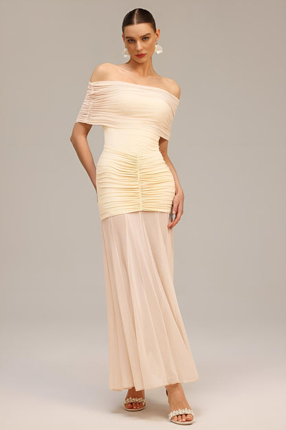 Omuz Açık Pileli Maksi Elbise