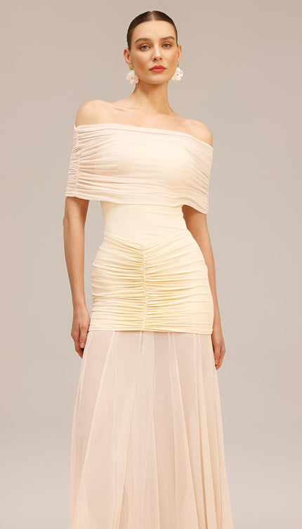 Omuz Açık Pileli Maksi Elbise