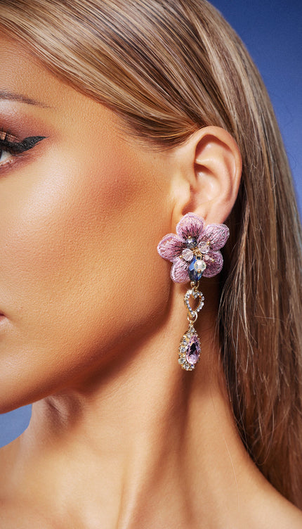 Elza Çiçek Motifli Taş Detaylı Küpeler