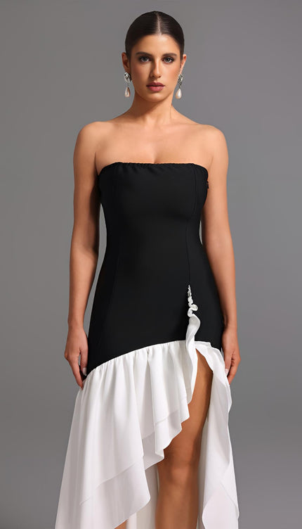 Lesley Straplez Yüksek Yırtmaçlı Midi Elbise