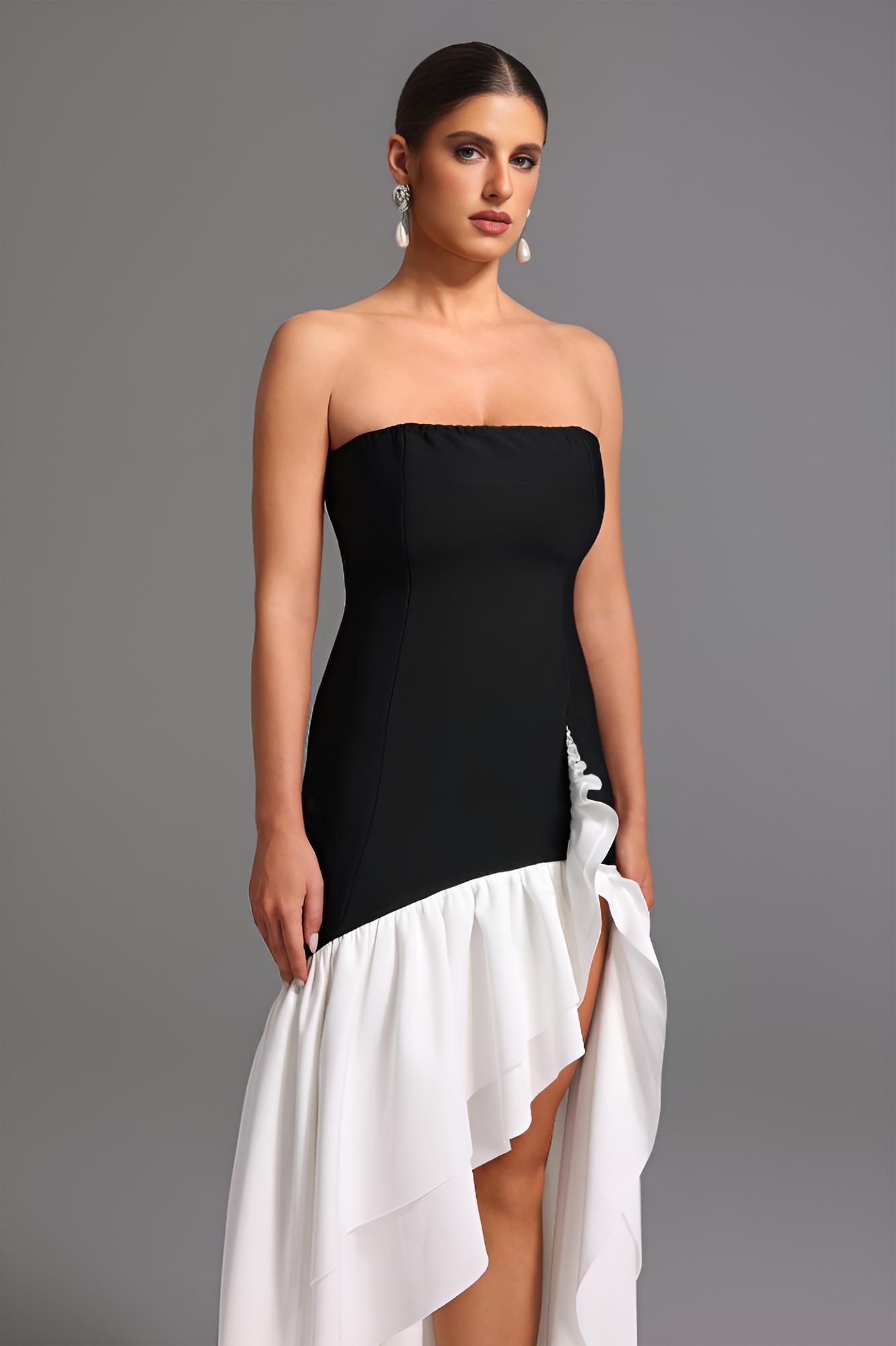 Lesley Straplez Yüksek Yırtmaçlı Midi Elbise