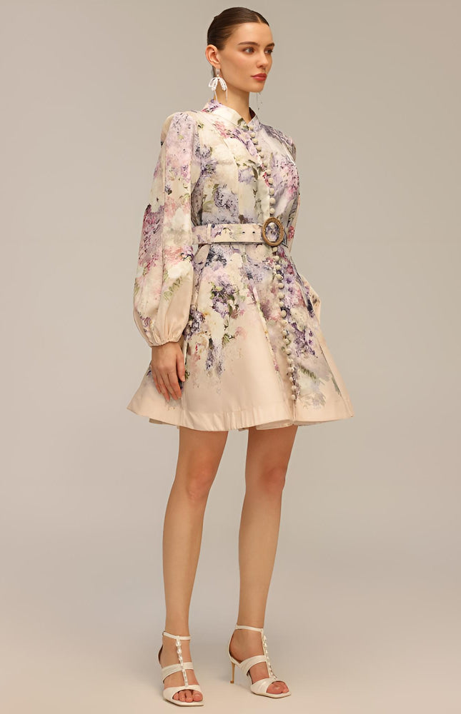 Floral Zarif Kemerli Elbise