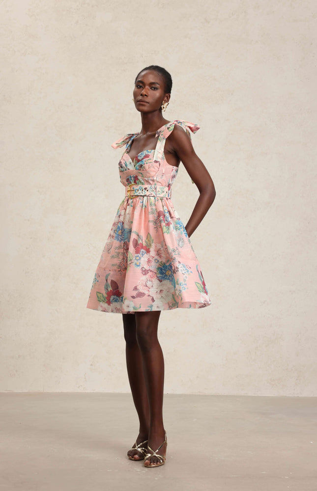 Pembe Çiçek Mini Elbise