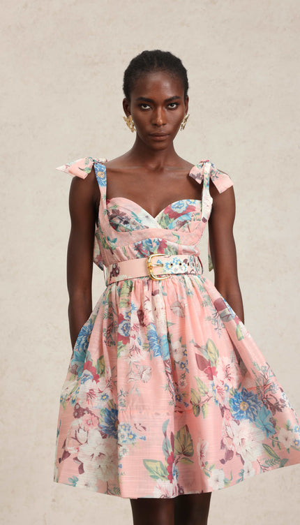 Pembe Çiçek Mini Elbise