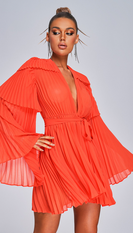 Paprika Glow Piliseli Mini Elbise