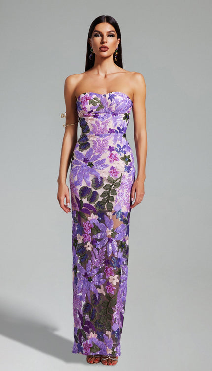 Mor Eugenia Çiçek İşlemeli Straplez Elbise