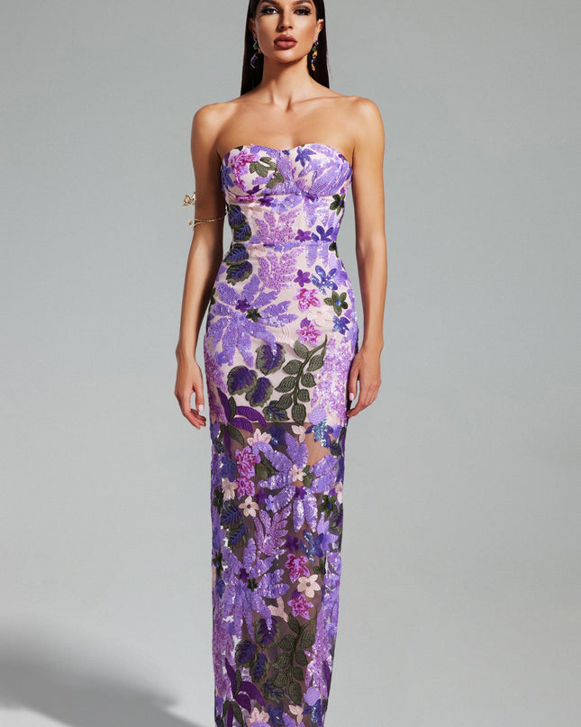 Mor Eugenia Çiçek İşlemeli Straplez Elbise