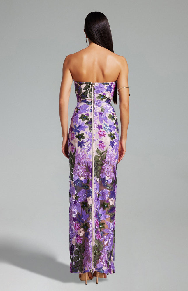 Mor Eugenia Çiçek İşlemeli Straplez Elbise