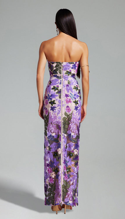 Mor Eugenia Çiçek İşlemeli Straplez Elbise