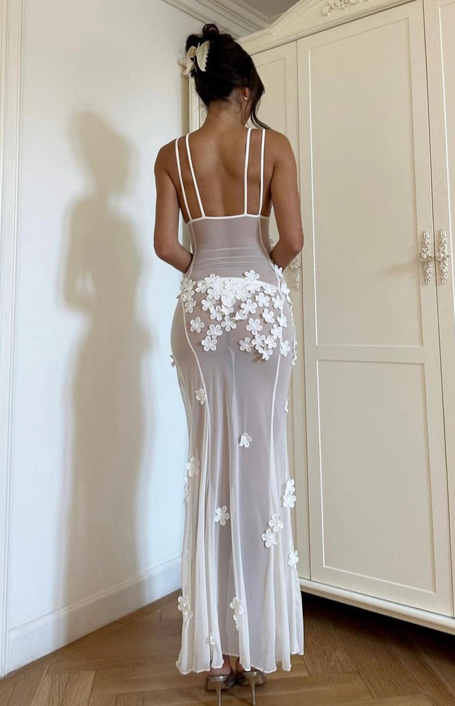 Transparan Çiçekli Uzun Elbise