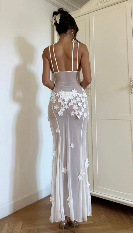 Transparan Çiçekli Uzun Elbise