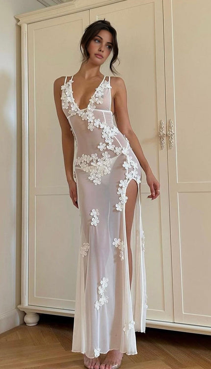 Transparan Çiçekli Uzun Elbise