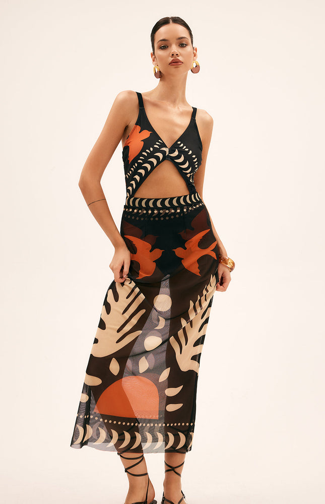 Kuş Desenli File Örtülü Maxi Etek