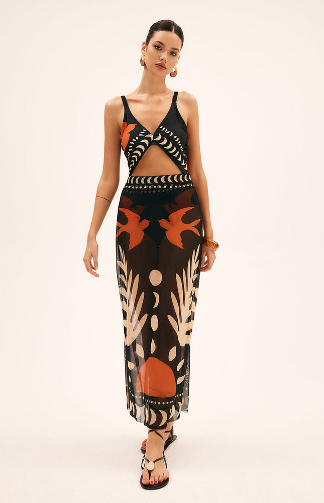 Kuş Desenli File Örtülü Maxi Etek