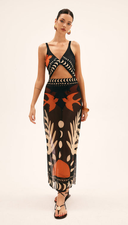 Kuş Desenli File Örtülü Maxi Etek