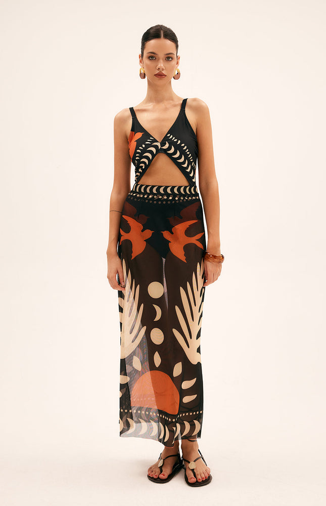 Kuş Desenli File Örtülü Maxi Etek