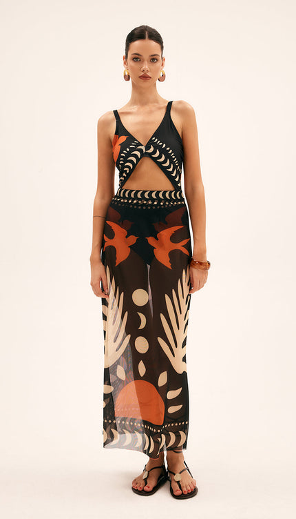 Kuş Desenli File Örtülü Maxi Etek