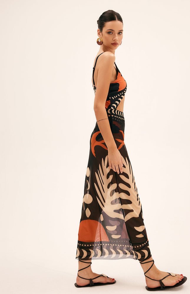 Kuş Desenli File Örtülü Maxi Etek