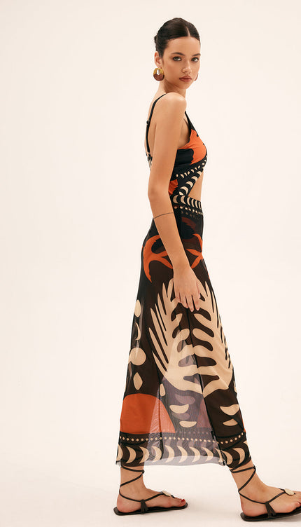 Kuş Desenli File Örtülü Maxi Etek