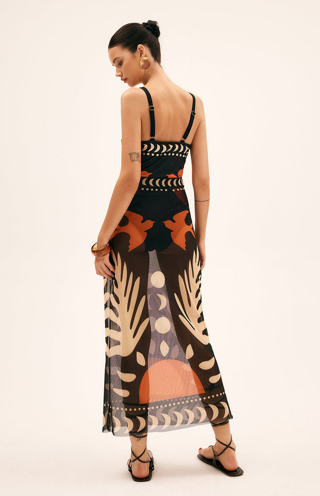 Kuş Desenli File Örtülü Maxi Etek