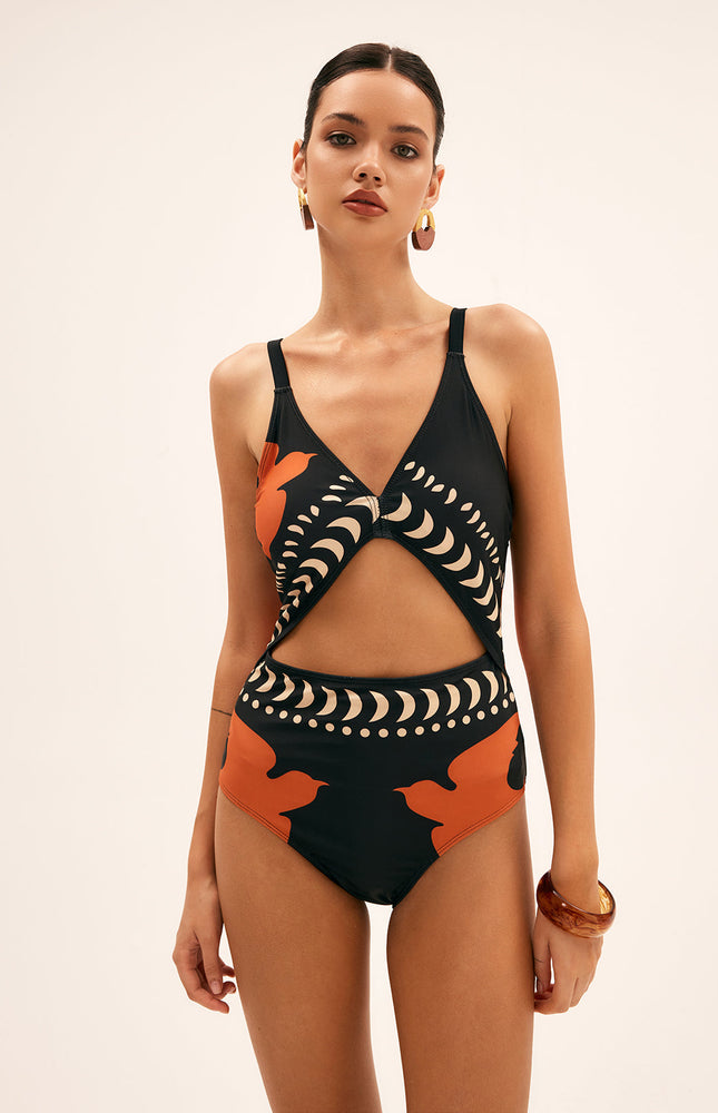 Kuş Baskılı Kesik Tek Parça Mayo