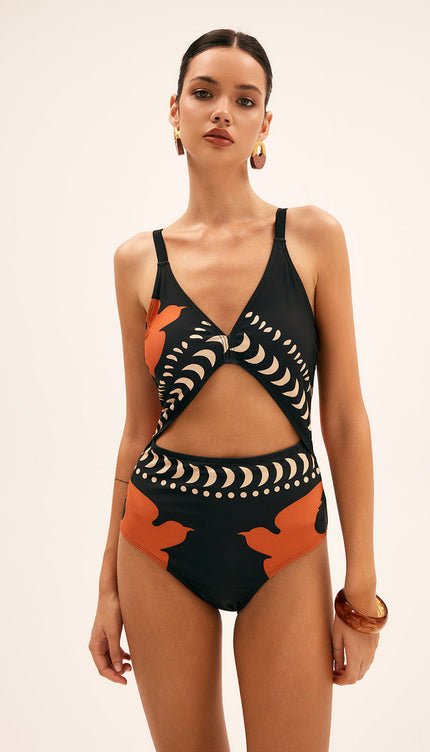 Kuş Baskılı Kesik Tek Parça Mayo