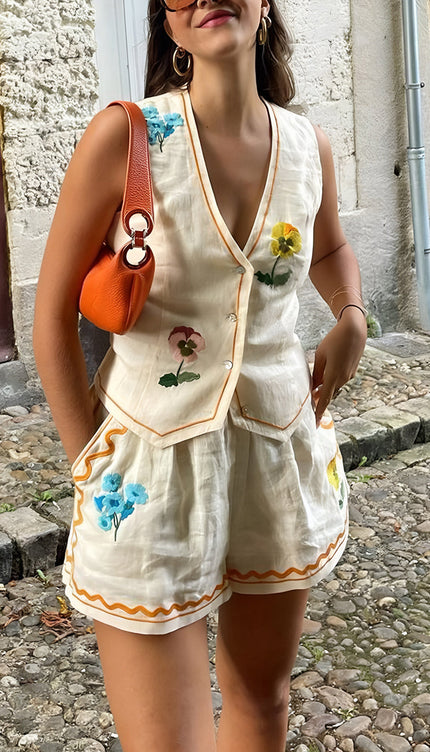 Çiçek Nakışlı Tank Şort Takım