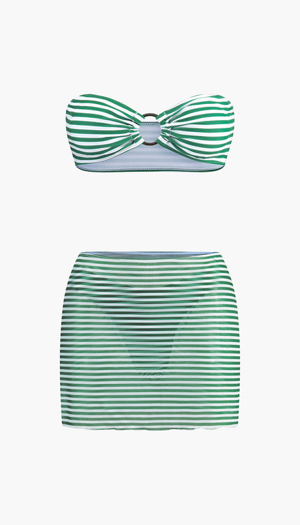 Örtü Etekli Çizgili Bikini Takımı